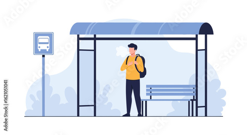 Waiting For The Urban Commute Man At Bus Stop On City Street