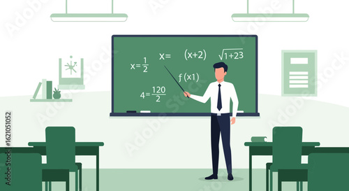 Teacher Explaining Mathematical Formula On A Blackboard In The Classroom