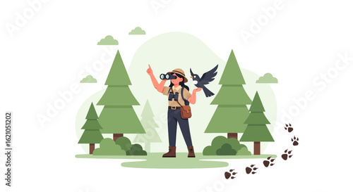 Illustration of a birdwatcher in a forest with binoculars and a bird on hand