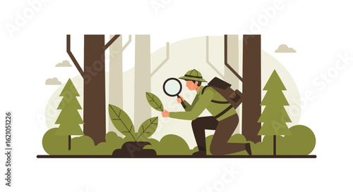 Illustration of a botanist examining a plant in the forest with a magnifying glass