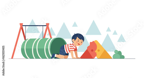 Illustration of a boy crawling through a tunnel on a playground for a healthy childhood and happy life