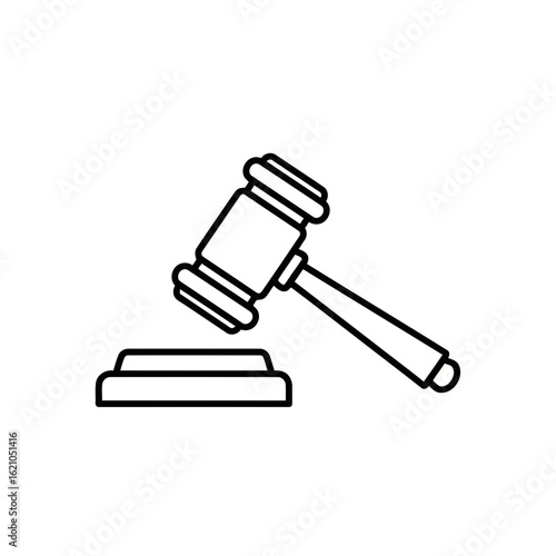 Vector icon of outline illustration of a judges gavel and sounding block, a symbol of law and justice, isolated on a white background