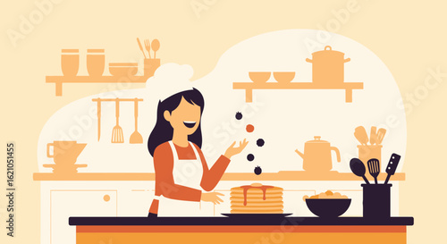 Whimsical kitchen scene featuring a cheerful chef preparing delicious pancakes with a touch of playful berry juggling