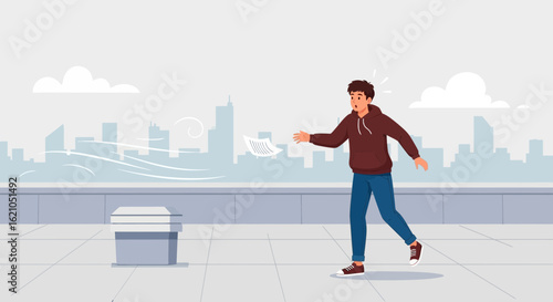 Windy Mishap on the Rooftop: A Cartoon Illustration of Paper Being Blown Away and Desperate Catch