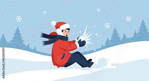 Illustration of a boy having fun playing with snowballs in a snowy winter landscape