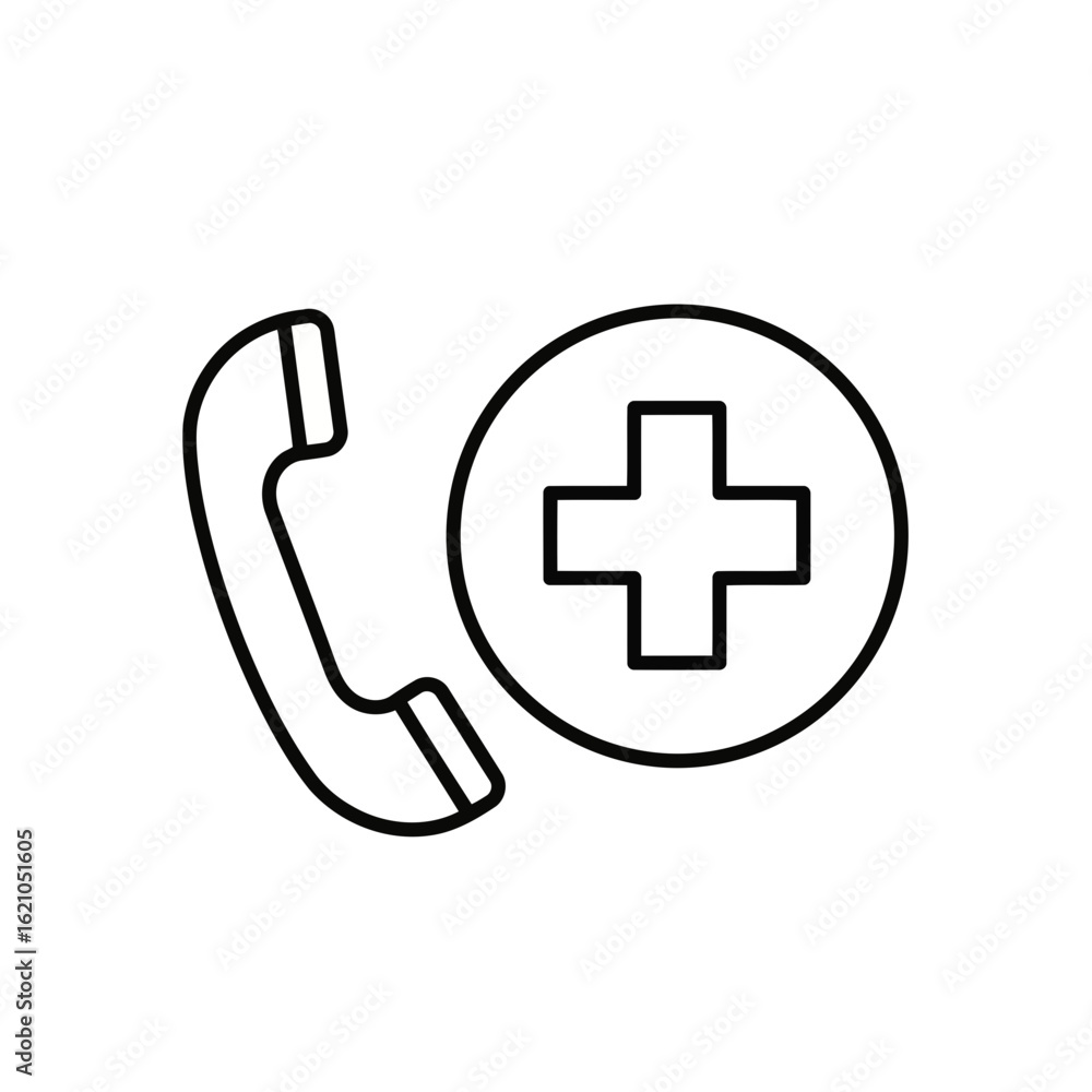 Vector icon of telephone receiver next to a circle with a plus sign, representing medical or emergency contact and support, isolated on white background Vector icon of telephone receiver next to a circle with a plus sign, representing medical or emergency contact and support, isolated on white background