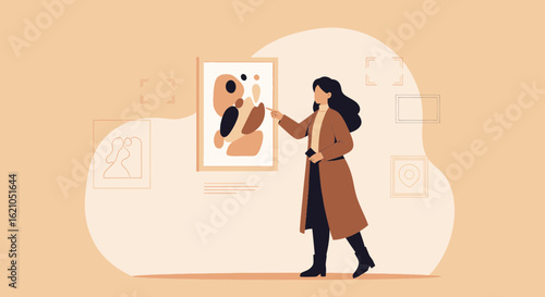 Woman Admiring Abstract Artwork In Contemporary Minimalist Art Gallery Exhibition