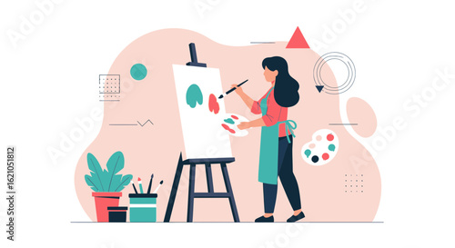 Woman artist painting on canvas in studio creating masterpiece with brush and palette illustration vector, showcasing creativity and artistic skill