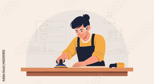 Illustration of a carpenter sanding wood with an electric sander in workshop