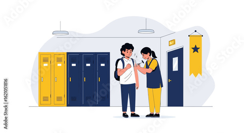 Teenage Vaccination Process In High School With Lockers And School Banner