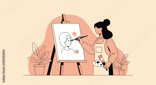 Woman Artist Painting Portrait on Canvas in Studio With Plants Decoration