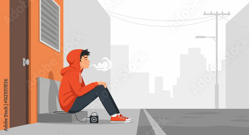 Teenager Alone In City Street Listening Music From Portable Radio