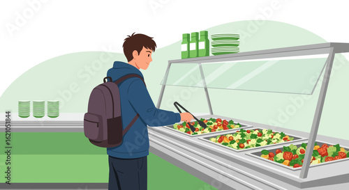 Teenager Choosing Salad From Healthy Buffet At The School Canteen Station