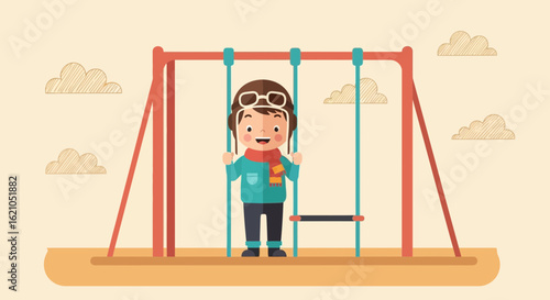 Illustration of a cheerful boy dressed as an aviator enjoying a swing in a park  beneath fluffy clouds