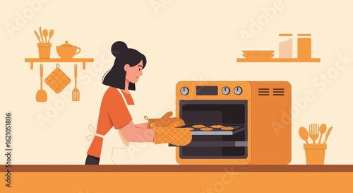 Woman Baking Cookies In Her Kitchen With Apron And Oven Mittens