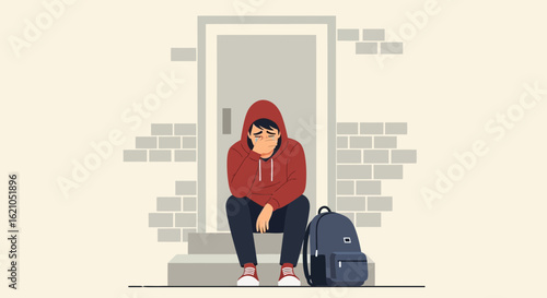 Teenager Experiencing Frustration Sits Alone On Doorsteps, Expressing Despair
