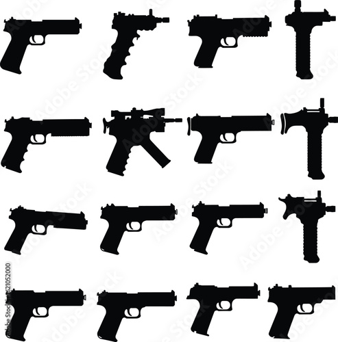 Vector and Illustration Set of Pistol Silhouettes. Various Handguns, Submachine Guns, and Firearms on a White Background for Security, Army, and Crime Design.