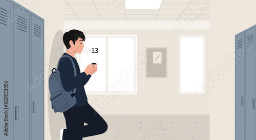 Teenager Standing In School Hallway Using Electronic Cigarette or Vaporizer