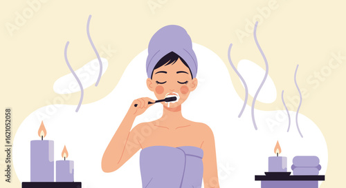 Woman Brushing Teeth With Candles And Fresh Towels In Relaxing Ambience