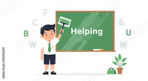 Illustration of a cheerful schoolboy cleaning a green chalkboard in a classroom scene