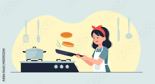 Illustration of a cheerful woman cooking pancakes in the kitchen flipping them in a pan preparing breakfast