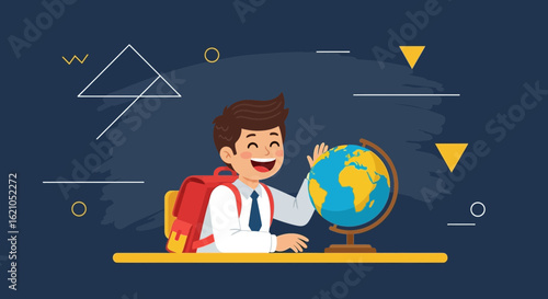Illustration of a cheerful schoolboy discovering geography with globe background
