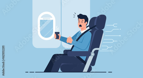 Terrified passenger on airplane holding coffee during turbulence illustration