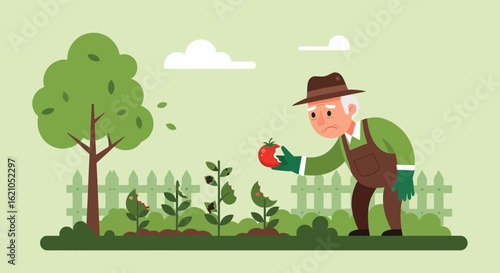 The Senior Gardener Disappointed With Pests Eating His Vegetables In The Garden