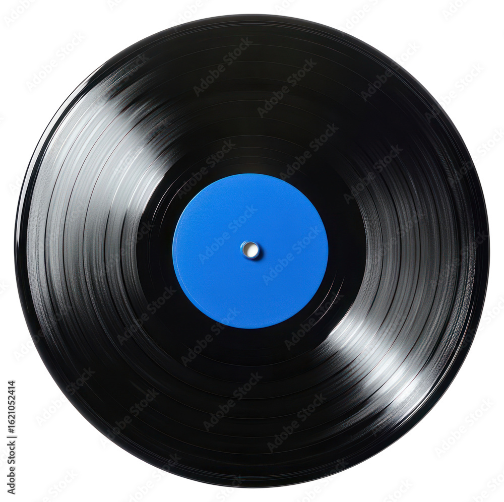 Obraz premium Black vinyl record with blue center disk.