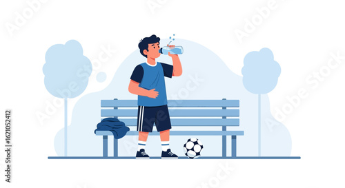 Thirsty Soccer Player Resting on Bench Drinking Water after Practice
