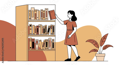 Woman Choosing A Book From A Full Bookshelf In A Cozy Environment