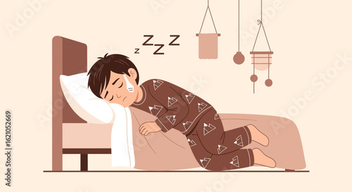Tired Child Napping Peacefully In Bed Wearing Mountain-Patterned Pajamas Illustration
