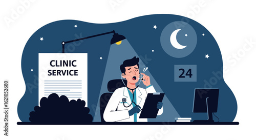 Tired Doctor Working Late At The Clinic With Night Sky And Crescent Moon