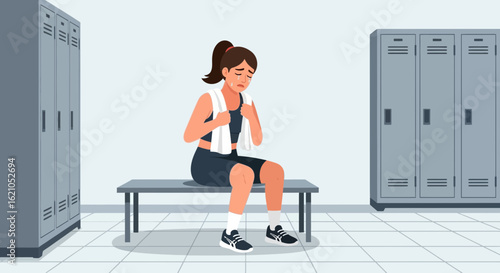 Tired fitness woman sitting on bench in locker room after a workout session feeling exhausted and emotional overcome with sport pressure