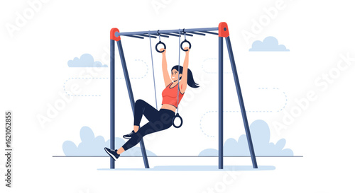 Woman Does Gymnastics Rings Workout, Fitness Training, Gym Training