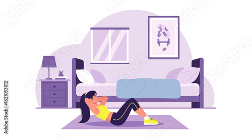 Woman Doing Crunches Exercise On Mat Near Bed In Bedroom Illustration