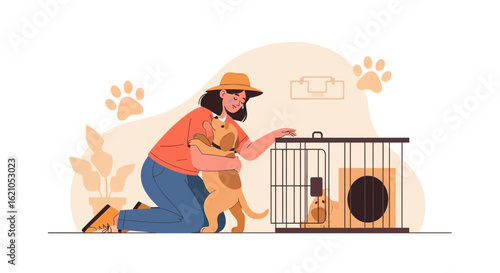 Touching moment of a woman hugging her newly adopted dog after pet adoption