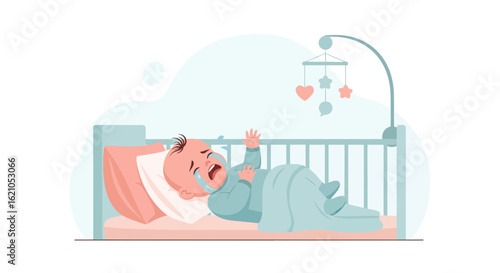 Illustration of a crying baby in a crib with a mobile, expressing sadness and distress within a nursery setting