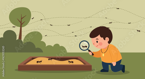 Illustration of a curious boy observing ants with a magnifying glass outdoors