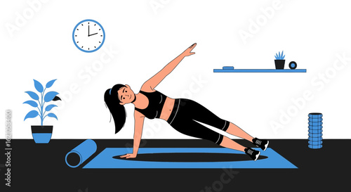 Woman Doing Side Plank Pose Exercise At Home For Strength And Flexibility