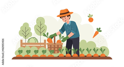 Illustration of a farmer harvesting carrots in a garden with organic vegetables, healthy living lifestyle