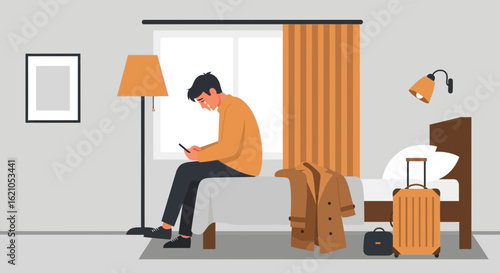 Traveler Resting In Hotel Room With Suitcase And Using His Mobile Phone