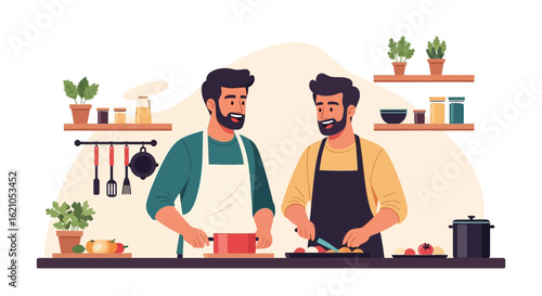 Two Bearded Men Preparing Food Together In The Kitchen With Utensils