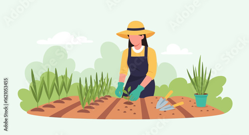 Illustration of a farmer planting seedlings in a vegetable garden at daytime