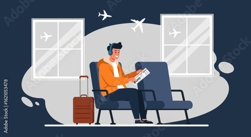 Traveler Waits Plane Departure At Airport Wearing Headphones With Luggage