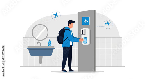 Traveler Using Hand Sanitizer Dispenser At Airport Enhancing Hygiene Protocols