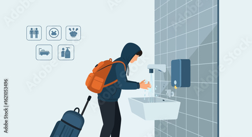 Traveler Wears A Mask And Washes His Hands At The Airport Public Washroom