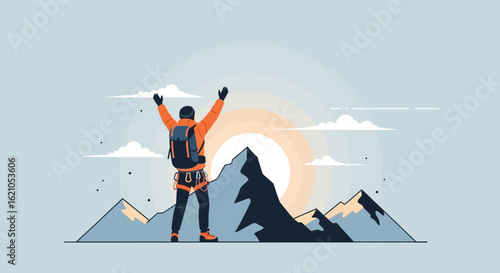 Triumphing Adventurer Reaching Mountain Peak, Celebrating Nature's Beauty in The Great Outdoors