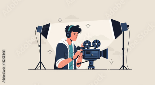 Illustration of a filmmaker with vintage camera equipment and studio lighting gear