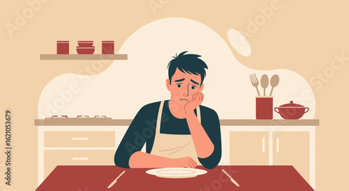 Illustration of a frustrated man in the kitchen, emphasizing loneliness and food anxiety through minimalist design and muted colors